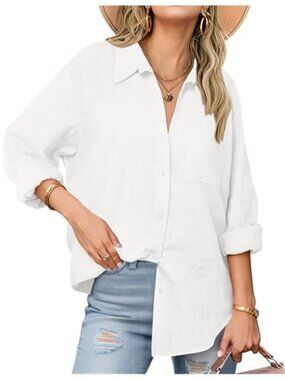 Womens Cotton Button Down Shirt Long Sleeve Collared Casual Blouse Lightweight